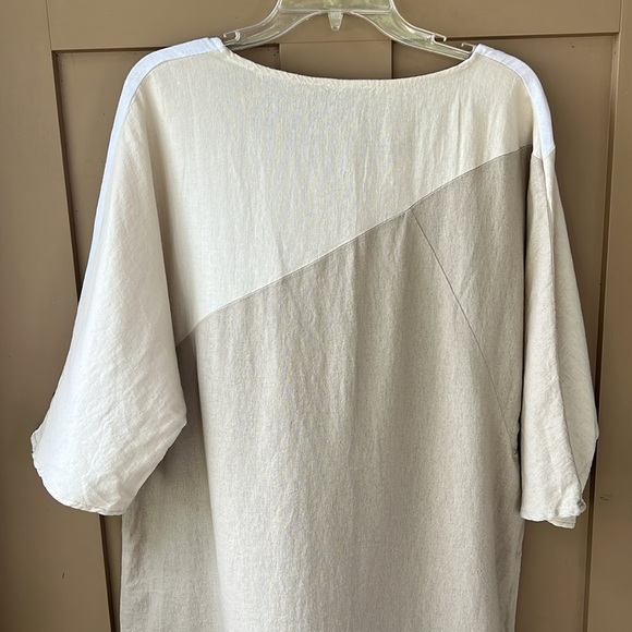 For Cynthia Sz L Linen Blend Color Block Lagenlook Shirt Dress Cream Tan - Picture 6 of 8
